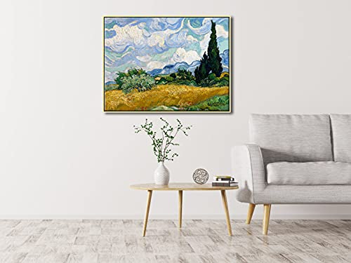 Wieco Art Framed Canvas Art Wheat Field with Cypresses by Van Gogh Classical Paintings Reproduction Modern Canvas Print Wall Art Landscape Pictures Artwork for Home Office Decor - size: 32"L x 24"W