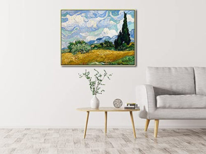 Wieco Art Framed Canvas Art Wheat Field with Cypresses by Van Gogh Classical Paintings Reproduction Modern Canvas Print Wall Art Landscape Pictures Artwork for Home Office Decor - size: 32"L x 24"W