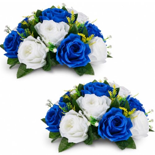 NUPTIO Flower Balls Centerpieces for Tables: Royal Blue White Fake Roses - color: Royal Blue & White, size: 2 Pcs