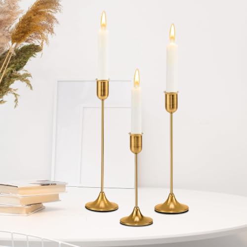Brass Gold Candle Holder - 3 PCS Taper Candlestick Holders - Vintage Candle Stick Holders - Modern Home Decor Centerpiece - Cozy Atmosphere Gift for Home Decor, Wedding, Housewarming Gift - color: Gold 3 Pieces