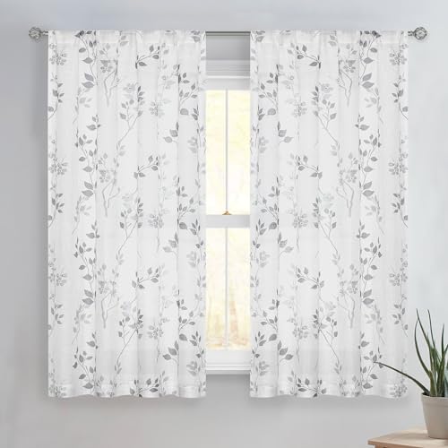 Beauoop Floral Linen Semi Sheer Curtains Living Room Grey 50x54 2 Panels - color: Rod Pocket | Grey, size: 50"W x 54"L (Pack of 2)