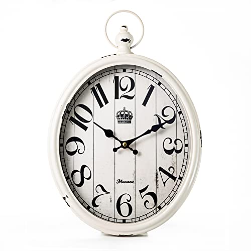 Oval Wall Clock Metal 16 inch Large Battery Operated Retro Wall Clock Old-Fashioned Antique Design Rustic Vintage Style Decor Wall Clock for Living Room Kitchen Farmhouse White - color: White