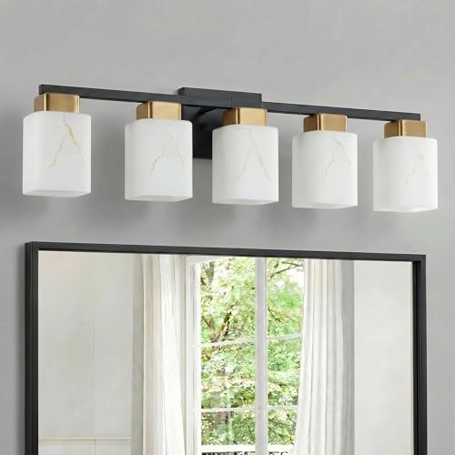 5-Light Square Bathroom Light Fixture, Black and Gold Modern Vanity Light with White Marble Glass Shade, for Bathroom Mirror, Living Room, Bedroom, Hallway, E26 Base - color: Black and Gold, size: 5-Light