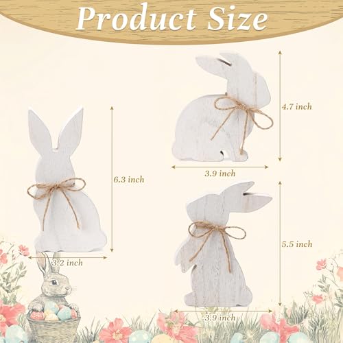 3 Pcs White Wooden Easter Bunny Signs with Jute Bows, Farmhouse Tiered Tray & Table Decor for Mantel, Desk, Spring and Easter Home Decoration