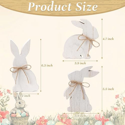 3 Pcs White Wooden Easter Bunny Signs with Jute Bows, Farmhouse Tiered Tray & Table Decor for Mantel, Desk, Spring and Easter Home Decoration