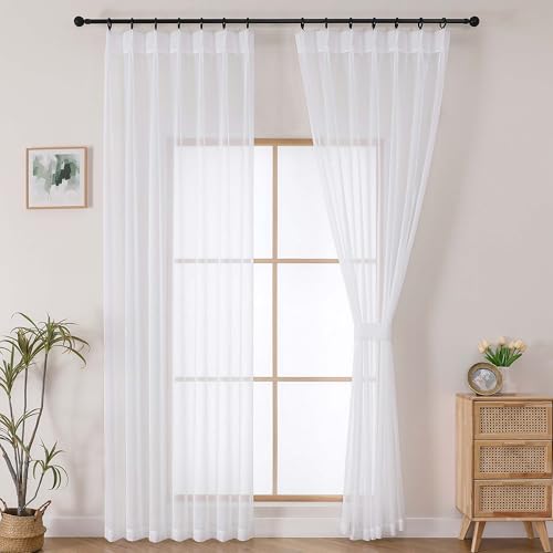 OWENIE Pinch Pleated Curtains, White Sheer Curtains for Living Room Bedroom 90 Inches Extra Long, Airy Soft Solid Light Filtering Sheer Curtain Drapes, White, Each 60x90 Inch - color: White, size: 60"W x 90"L (Pack of 2)
