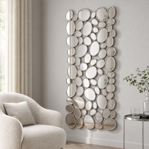 Large Wall Mirrors Decorative - 27.5x55 Inch Silver Living Room Mirrors for Wall Decor, 71 Piece Multi-Size Pebble Design Metal Framed Accent Mirror for Entryway Living Room Home Decor - color: Silver, size: 27.5"L x 55.1"W