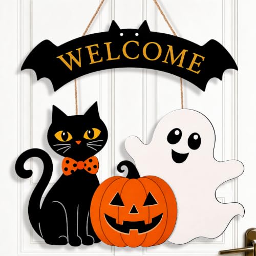 Halloween Welcome Wreath for Front Door Wooden Black Cat Ghost Door Decor - color: Welcome2
