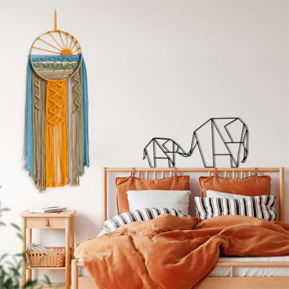 LB Boho Sunset Macrame Wall Hanging Orange and Green Small Dream Catcher Hand Woven Cotton Tapestry Modern Aesthetic Wall Art for Home, Bedroom, Living Room - color: Blue