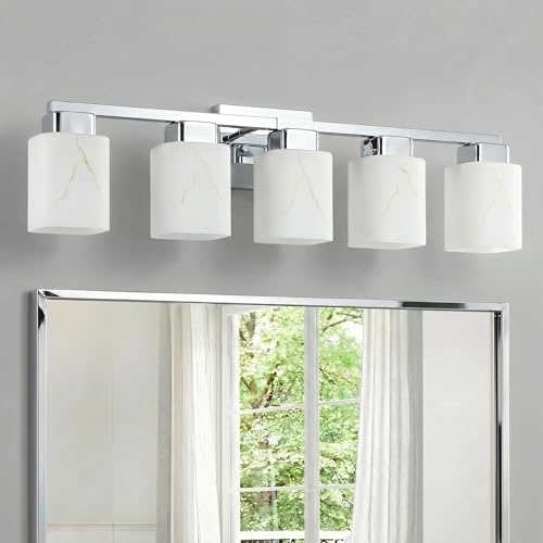 5-Light Square Bathroom Light Fixture, Chrome Modern Vanity Light with White Marble Glass Shade, for Bathroom Mirror, Living Room, Bedroom, Hallway, E26 Base - color: Chrome, size: 5-Light
