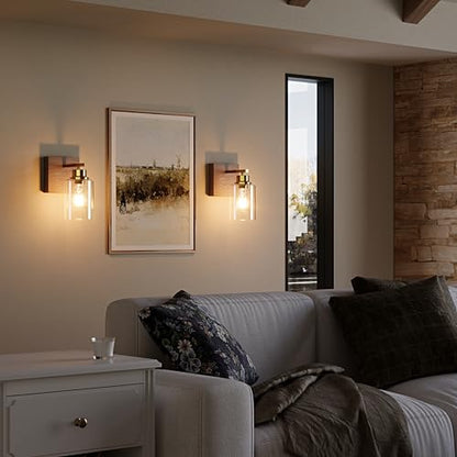 Rayogale Wireless Battery Operated Wall Sconce Set of 2 with Remote Control | Gold & Walnut Dimmable Rechargeable Wall Lights with Timer, Easy Install Glass Lamp for Living Room Bedroom, Emergency 3000K - color: Gold Walnut(Clear Lampshades)