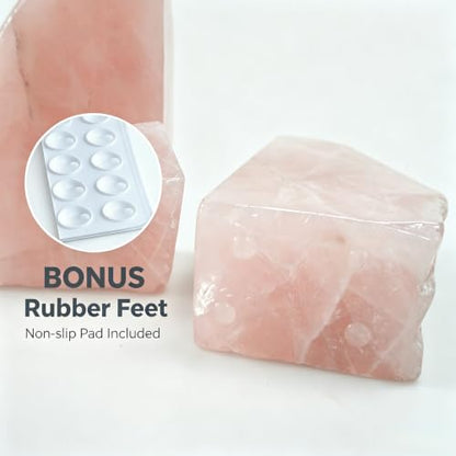 Natural Rose Quartz Bookends 3-4 LBS - Heavy Duty Crystal Book Ends for Shelves, Pink Stone Decorative Home Office Desk Accessories, Gemstone Bookend Set of 2