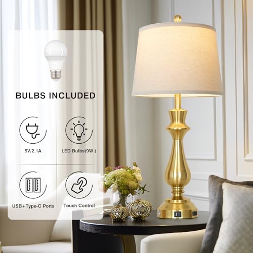 Cinkeda Touch lamp for Night Stands - 29.5" Tall Bedside Lamp with USB C+A, 3 Way Dimmable Bedroom Lamps, Gold Metal Table Lamps for Living Room, Single Gold - color: Gold-1P