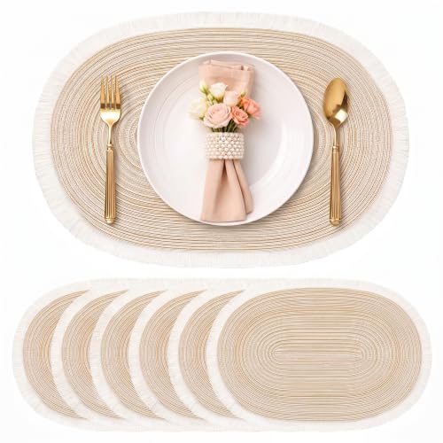 FAVE Boho Oval Woven Placemats Set of 6, Washable Table Mats with Tassels - color: Beige