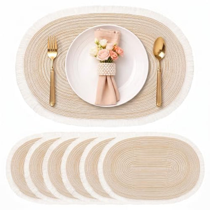 FAVE Boho Oval Woven Placemats Set of 6, Washable Table Mats with Tassels - color: Beige