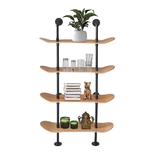 Industrial Pipe Bookcase, 4 Tier Shelf, Natural Wood Stain Finish - size: 4 Tier Shelf