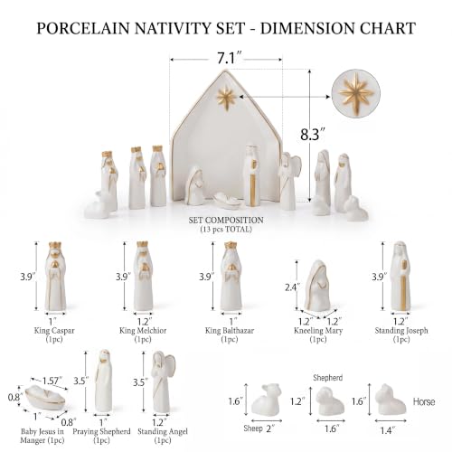 NEROSUN Ceramic 13Pcs Nativity Scene Set with Gold Trim - color: Ceramic Nativity Scene (Gold Trim)