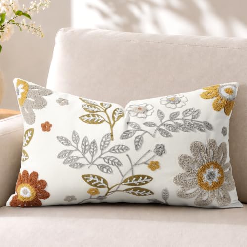 Fall Embroidered Lumbar Pillow Cover 20x12 Inch, Amber Blooms - color: Amber Blooms, size: 20" x 12" (Pack of 1)