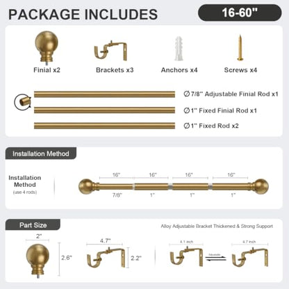 Warm Gold Curtain Rods 16-60 Inch Heavy Duty 1 Inch Diameter - color: Brass, size: 16"-60"|1 Pack
