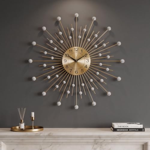 Cuspin 24 Inch Wall Clock Gold Mid Century Crystal Sunburst Metal Clock - color: Crystal Sunburst, size: Small