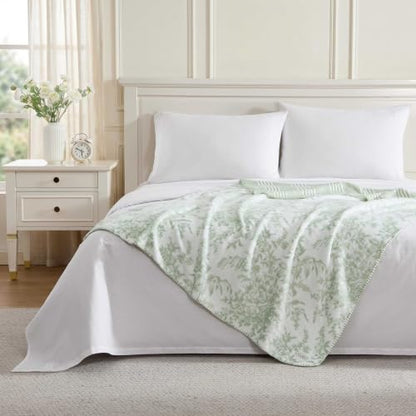 Laura Ashley - Soft Reversible Throw Blanket for Bed & Couch, 50 x 70 - color: Toile Delight Green