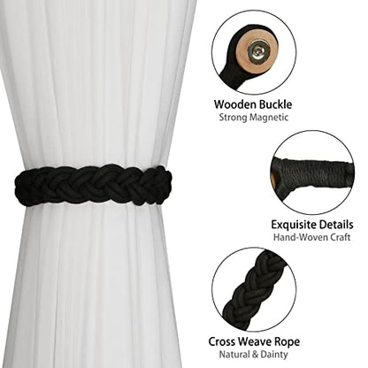 BEL AVENIR Curtain Tiebacks Magnetic 4 Pack Woven Drapery Holdback - color: Black-4packblack