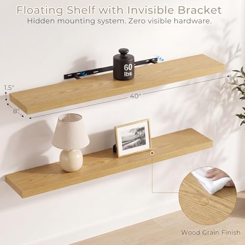 Vivelove Oak Floating Shelves 40 x 8 Inch, 8 Inch Deep Shelf, Set of 2 - color: Oak, size: 40"Wx8"Dx1.4"H