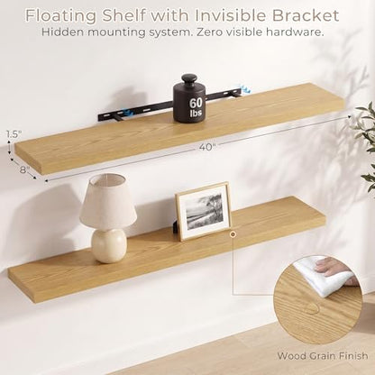 Vivelove Oak Floating Shelves 40 x 8 Inch, 8 Inch Deep Shelf, Set of 2 - color: Oak, size: 40"Wx8"Dx1.4"H