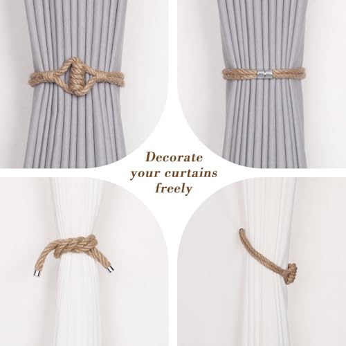 NICEEC 2 Pack Natural Jute Rope Curtain Tiebacks Elegant Boho Style Magnetic Drape Tie Backs Soft Hand-Woven Rope Curtain Holdbacks for Home & Office Drapery (Jute knot-03) - color: Jute Knot-03, size: 2 Pack
