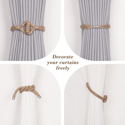 NICEEC 2 Pack Natural Jute Rope Curtain Tiebacks Elegant Boho Style Magnetic Drape Tie Backs Soft Hand-Woven Rope Curtain Holdbacks for Home & Office Drapery (Jute knot-03) - color: Jute Knot-03, size: 2 Pack