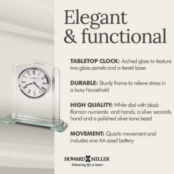 Howard Miller Stratus Tabletop Clock – Arched Glass Alarm Clock with Roman Numerals, Battery Operated Quartz Movement, Modern Desk Clock