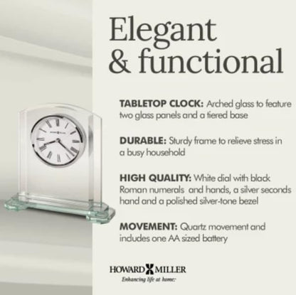 Howard Miller Stratus Tabletop Clock – Arched Glass Alarm Clock with Roman Numerals, Battery Operated Quartz Movement, Modern Desk Clock