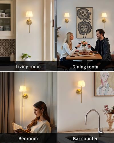 KDG Gold Cordless Wall Sconces Set of 2, Beige Fabric LED Wall Lamps - color: Gold + Beige Lampshde (2 Pack)
