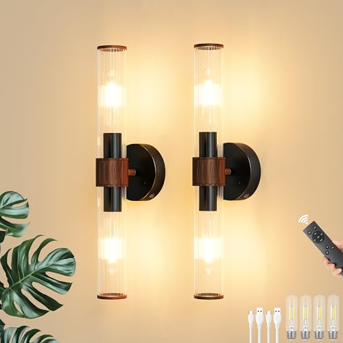 Morauroral Black Walnut Battery Operated Wall Sconces Set of 2 - color: Black Walnut