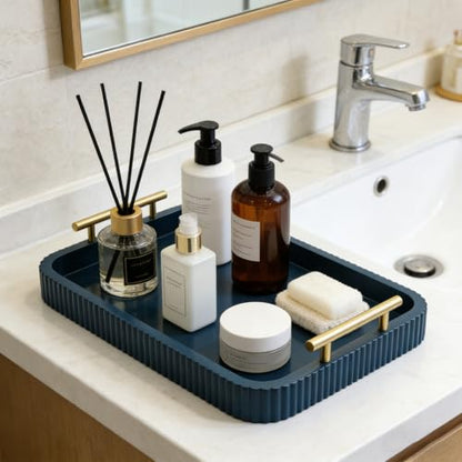 Rectangle Modern Wood Serving Tray with Metal Handles, High Gloss Blue Finish, 16x12 Inch Coffee Table Ottoman Tray for Storage and Display (Blue) - color: Blue