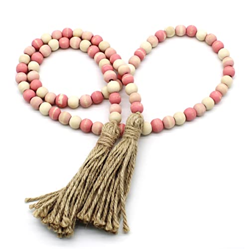 CVHOMEDECO. Wood Beads Garland with Tassels Farmhouse Rustic Wooden Prayer Bead String Wall Hanging Accent for Home Festival Decor. Pink Mix Distressed - color: Pink Mix Distressed