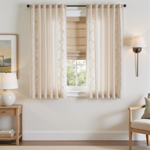 jinchan Floral Linen Curtains, Back Tab 50x63 Inch, 2 Panels Ivory - color: Vine | Ivory, size: 50"W x 63"L (Pack of 2)