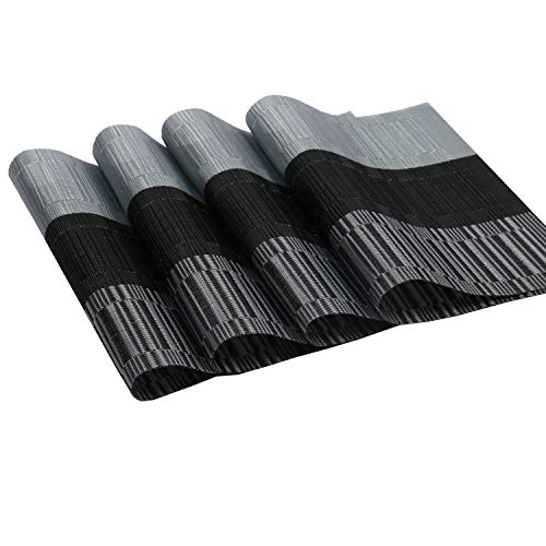 SHACOS Woven Vinyl Placemats for Dining Table Set of 6 Non Slip PVC Bamboo Basket Weave Table Place Mats (6, Ombre Black Gray) - color: Ombre Black Gray, size: Set of 6