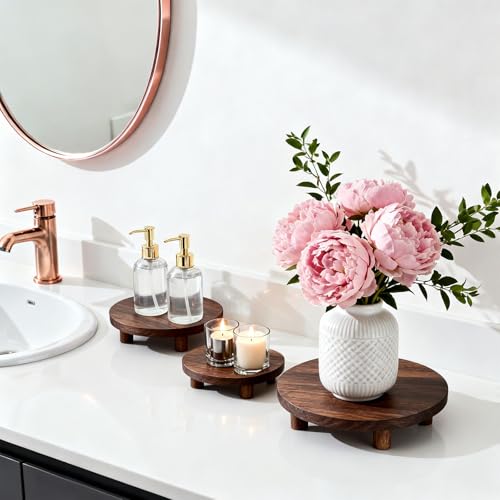 4 Pcs Round Wooden Risers for Display, Wood Pedestal Stand Mini Tiered Tray Stand Rustic Wooden Riser Holder for Home Decor Kitchen Counter, 4 Size(Brown)