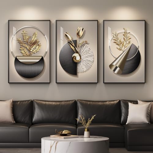 Large Framed Modern Elegant Wall Art for Living Room, 3 Piece 24x36 In - color: Golden Bloom Series, size: 24" W x 36" H x 3 pieces