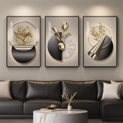 Large Framed Modern Elegant Wall Art for Living Room, 3 Piece 24x36 In - color: Golden Bloom Series, size: 24" W x 36" H x 3 pieces