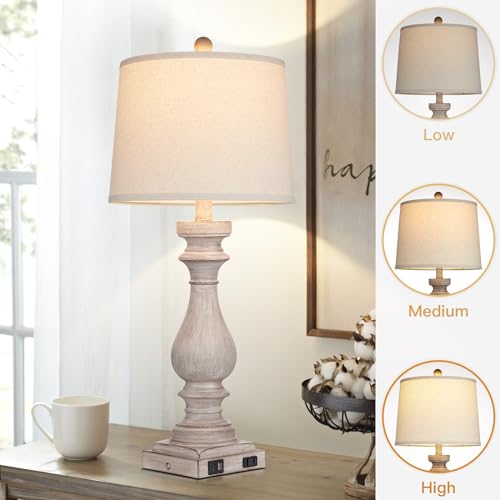 Cinkeda 29" Tall Table Lamp for Living Room Set of 2,Vintage Bedside Nightstand Lamps with USB C+A Ports & AC Outlet,3-Way Dimmable Touch Control Desk Lamp for Bedroom,Color 2 - color: Gray