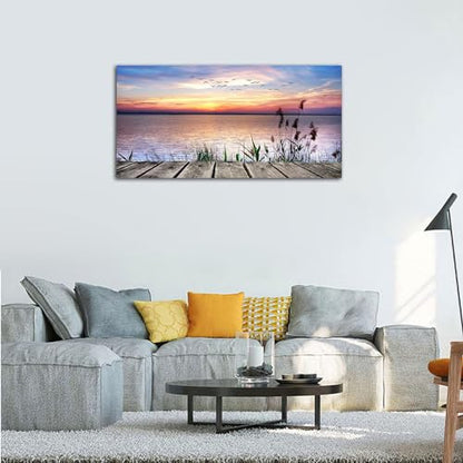 yearainn Sunset Lake Wall Art, Dock Reed Grass Flying Birds, 29" x 58" - color: Sunset Lake, size: 58"L x 29"W