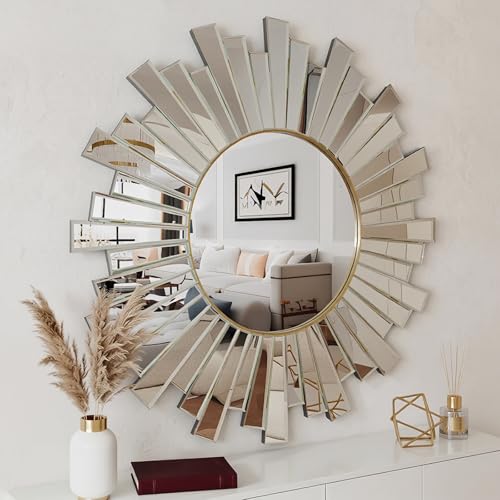 Large Round Sunburst Mirror, 26" Modern Starburst Decorative Wall Mirror - color: Gold-26 Inch