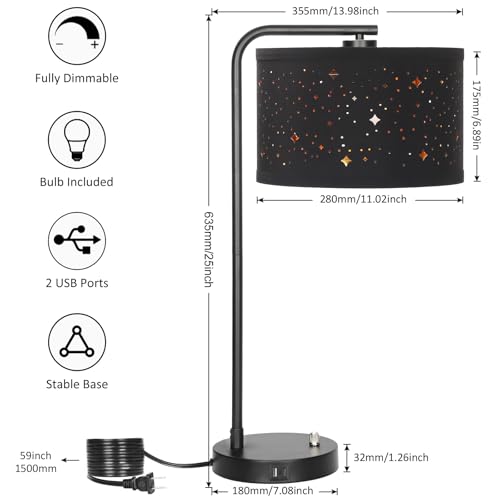 Bedside Table Lamp with USB C+A Ports, 25" Tall Fully Dimmable Side Lamp - color: Black Base with Stars Shade