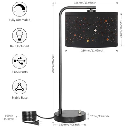 Bedside Table Lamp with USB C+A Ports, 25" Tall Fully Dimmable Side Lamp - color: Black Base with Stars Shade