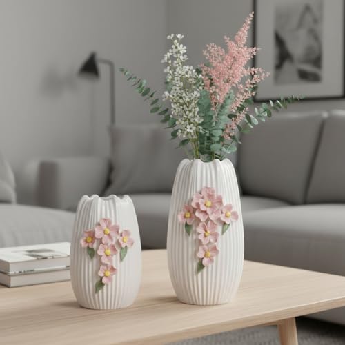Ceramic Flower Vase,White Modern Vase for Pampas Grass, 9 Inch - color: White and Pink, size: 9 inch