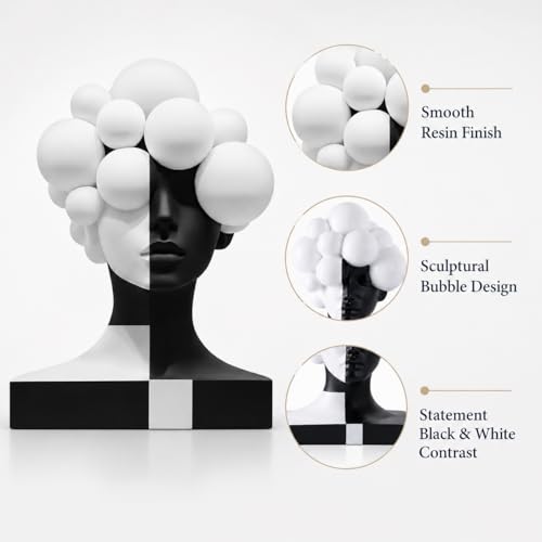 Checkered Modern Abstract Bust Statue for Home Decor, Black and White Art Face Sculpture,Large Resin Woman Head Figurine, Decorative Objects for Bookshelf, Coffee Table, Entryway, Office Desk Decor