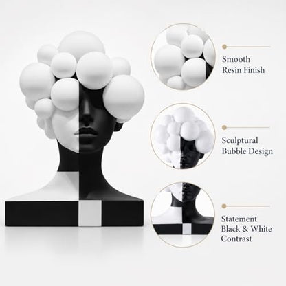 Checkered Modern Abstract Bust Statue for Home Decor, Black and White Art Face Sculpture,Large Resin Woman Head Figurine, Decorative Objects for Bookshelf, Coffee Table, Entryway, Office Desk Decor