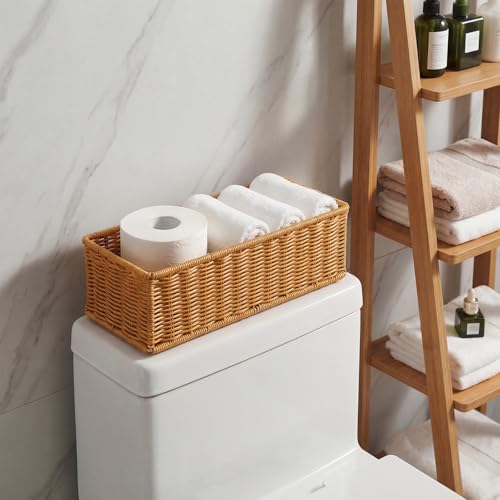 Threehoney 2 Pack Wicker Toilet Tank Baskets, 2 Sizes Handwoven Rattan Bathroom Storage Baskets with Metal Frame, Rustic Farmhouse Decorative Organizer Holders Bins for Tissues Vanity Shelves Supply